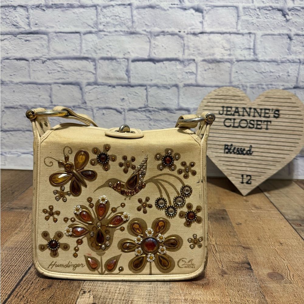 Enid Collins Humdinger Hummingbird Flowers Jeweled Canvas Bag Purse *flaws*